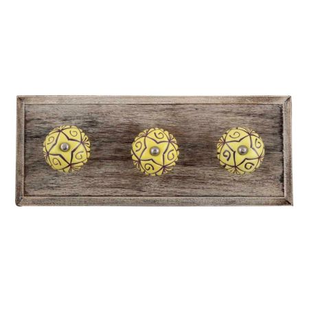 Yellow Base Brown Etched Ceramic Floral Wooden Hooks